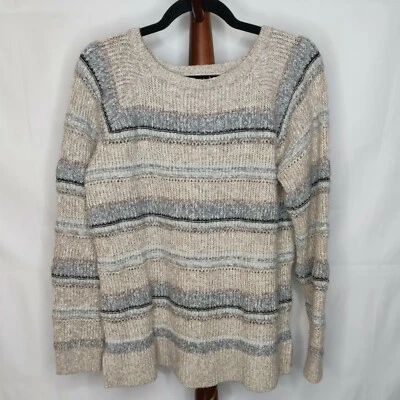 Chaps Mujer Talla L Suéter Gris Tostado Rayas Cuello Redondo Mangas Largas Aberturas Laterales Foto 1 de 4