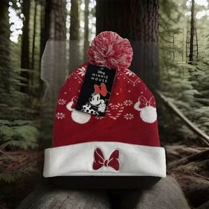 Disney Minnie Mouse Beanie Hat with Tassle One Size Knit PomPom Red White Cap - Picture 1 of 7