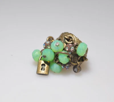 vtg signed  Dangle Charm Ring Size 7 adjust green ab rhinestones padlock Love - Image 1 of 4