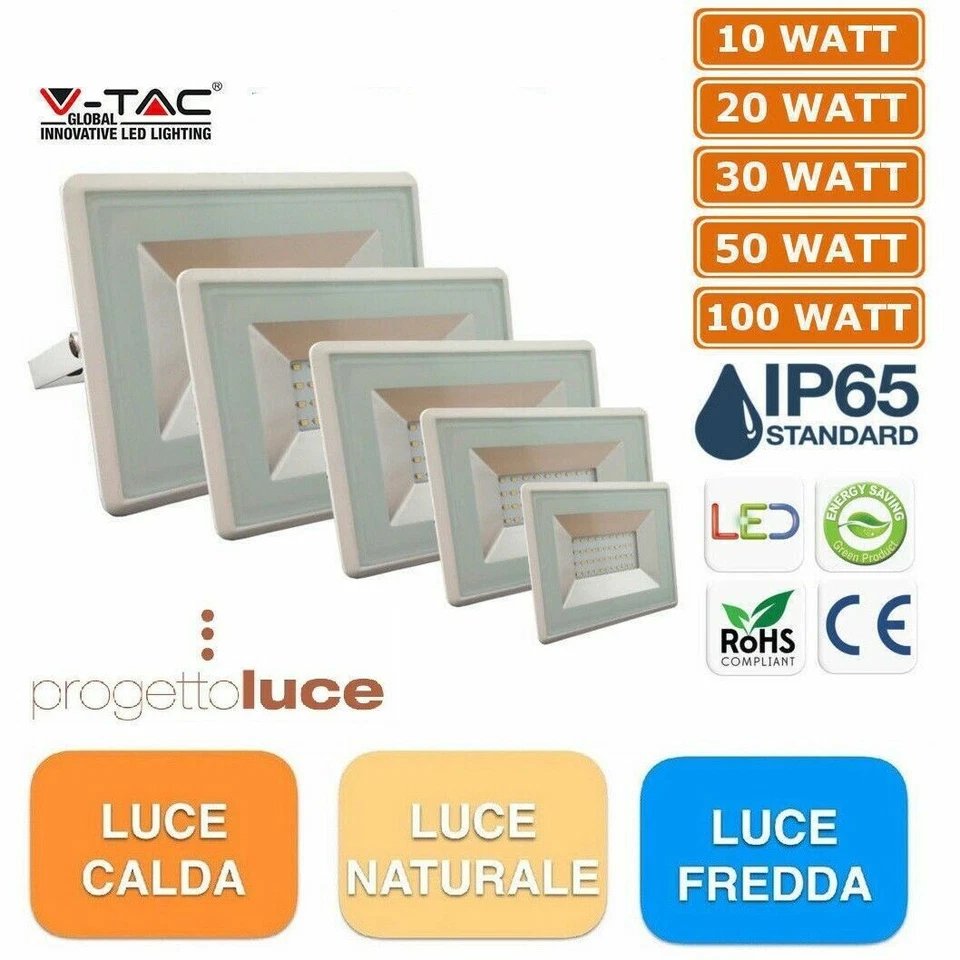 V-TAC FARO FARETTO LED SMD 10W 20W 30W 50W 100W ULTRA SLIM IP65 COLORE BIANCO - Immagine 1 di 1