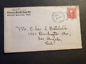 STANFORD UNIVERSITY 1915 Postal History Cover Beta Phi Kappa Psi to LA, CALIF - Picture 1 of 2