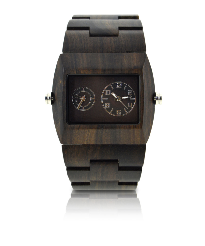 Bewell Men's Natural Wood Dual Time Watch 46MM Wooden Case 30M WR Black Color
