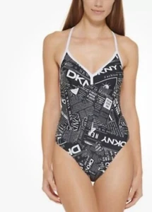DKNY women’s NEWSPRINT BLACK WHITE Graphic T-Back One-Piece Swimsuit size M NEW - Picture 1 of 6
