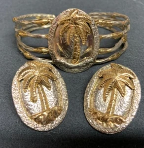 Palmetto Palm Tree Metal Bracelet Cuff Earrings Set Marked Ixel USED - Picture 1 of 21