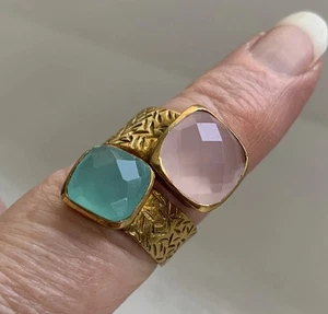 Yellow Gold Plate Facet Cut Glass Pastel Pink Blue Jeweled Wrap Ring Adjustable - Picture 1 of 24