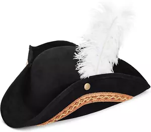 Adult Tricorn Pirate Hat with Feather for Halloween Outfit - Black Pirate Hat fo - Picture 1 of 12