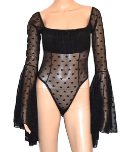 NWT SUGAR THRILLZ DOLL SKILLS Black Heart Print Yours Truly Mesh Bodysuit Size S - Picture 1 of 11