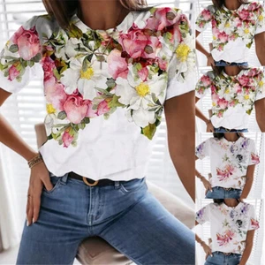 Women's Summer Floral T-Shirt Tunic Tops Ladies Short Sleeve Casual Blouse Tee - Picture 1 of 13