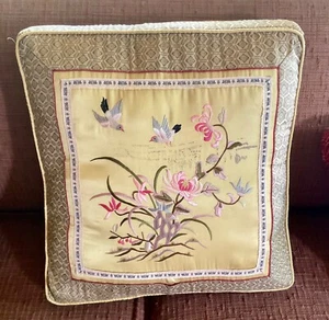 Vintage Asian Chinoiserie Embroidered birds Flowers Throw Accent Pillow 15x15 - Picture 1 of 5