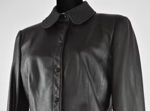 Armani Collezioni Sz 10 Brown Snap On Leather Jacket Coat Peplum Back Fabric - Picture 1 of 19