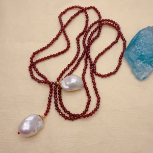 Natural Faceted Garnet Cultured White Baroque Pearl Long Necklace Women Jewelry - Picture 1 of 6