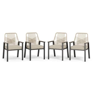 Patio Chairs Set of 4 Wicker Rattan Outdoor Dining Chairs with Cushion Beige - Picture 1 of 9
