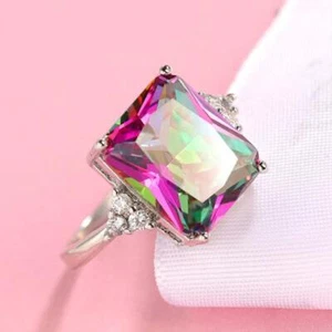 Huge Natural Genuine Rainbow Mystic Fire Topaz Gems Silver Ring Sz 7 8 9 - Picture 1 of 5