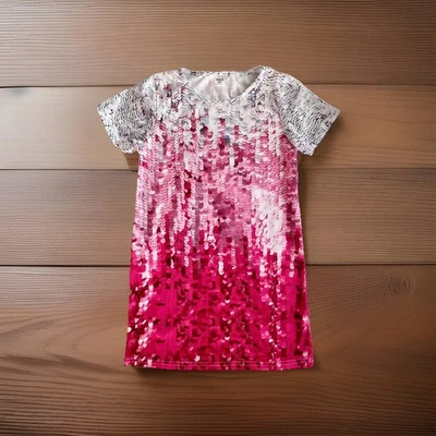 Shein Girls Simulated Sequin Print Tunic Dress Red/Pink Short Sleeve Size 7 - Image 1 of 4