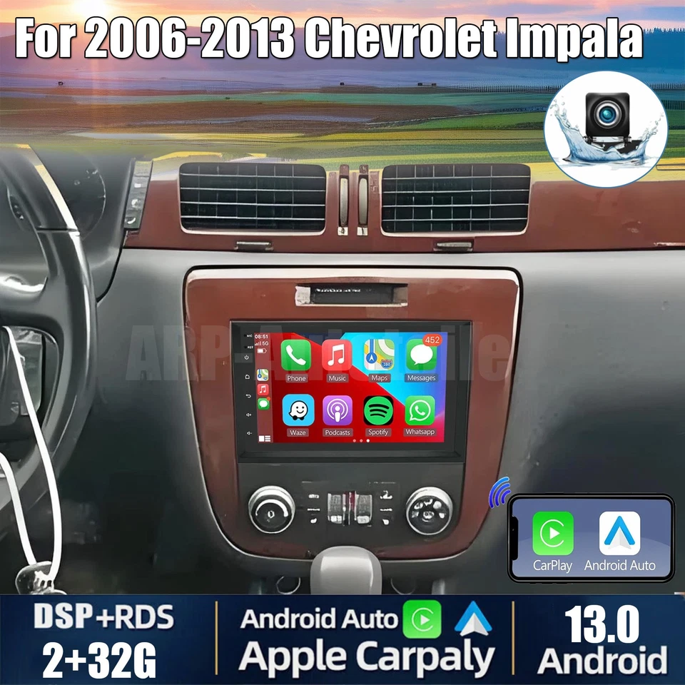 Radio estéreo para automóvil Chevrolet Impala 2006-2013 Android 13 Carplay GPS navegación + cámara Foto 1 de 4