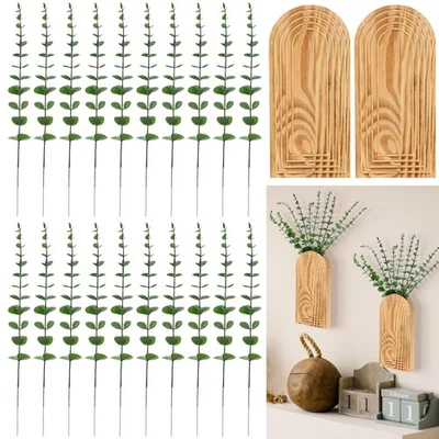 Paquete de 2 jarrones de pared de madera de 15" con 20 piezas hojas de eucalipto artificiales tallos pl... Foto 1 de 4