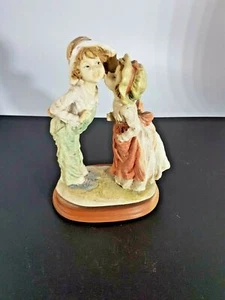 Cute Country Girl Kissing Boy on His Cheek Figurine on Wooden Base - Imagen 1 de 7
