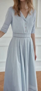 Neu mit Etikett schlichtes Retro Fiona 100 % Baumwolle Bauernhaus grau blau Midi Cottagecore Kleid XS - Bild 1 von 12