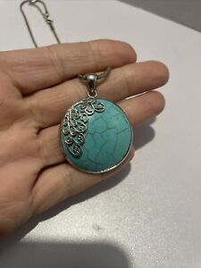 Round Blue Howlite Silvertone Filigree Overlay Pendant Necklace