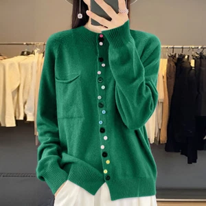 Women Cardigan Wool Knitted Sweater Casual Tops Round Neck Coat Pullover Shirt - Picture 1 of 21