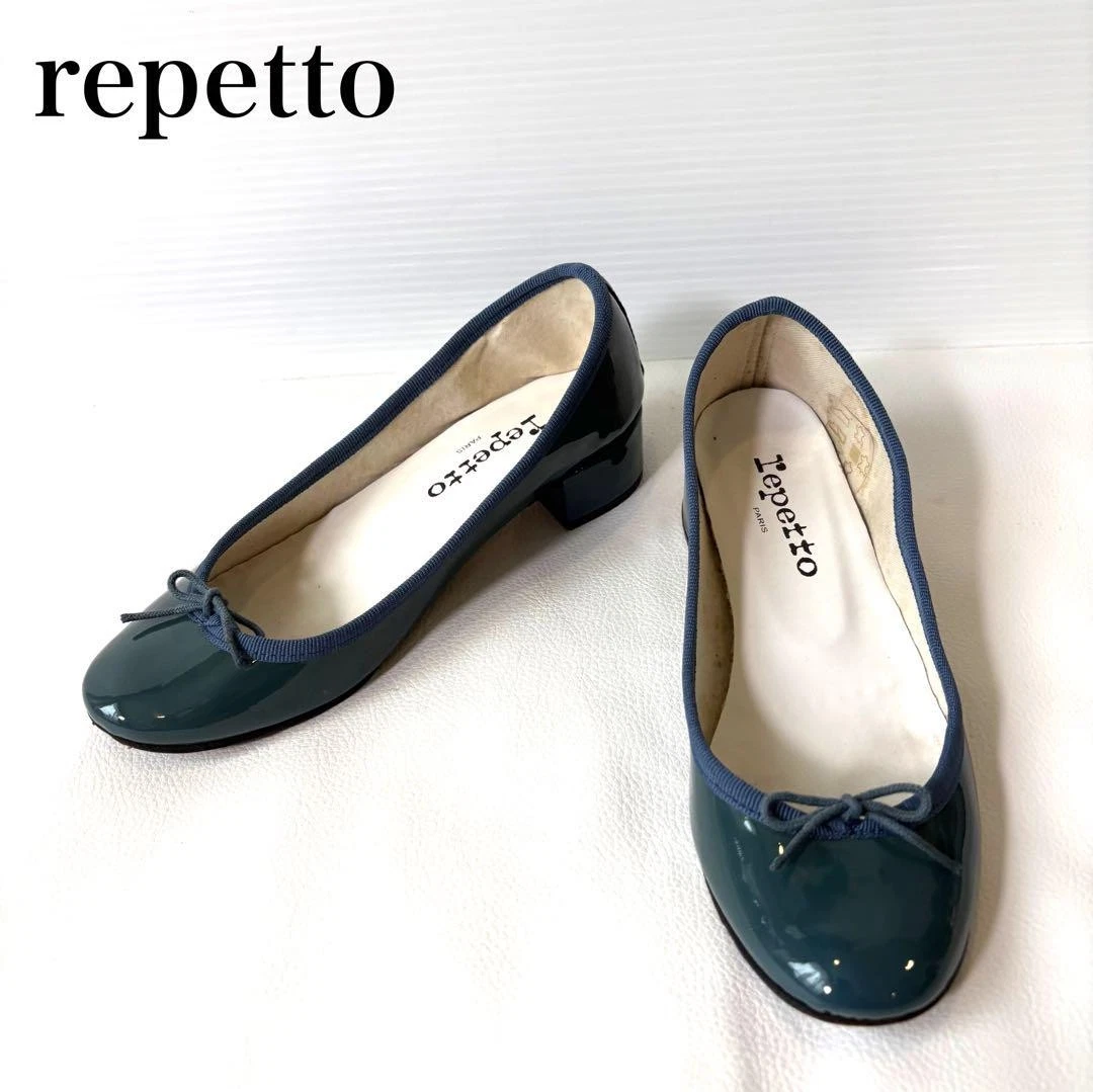Repetto Ballet shoes Ribbon Flat Blue Green Patent Leather Heel 39