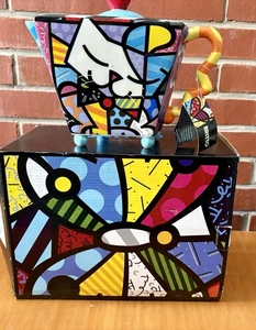 VTG Romero Britto Pop Art Cat Ceramic Teapot 2010 48 Ounce w/ Original Box - Picture 1 of 5