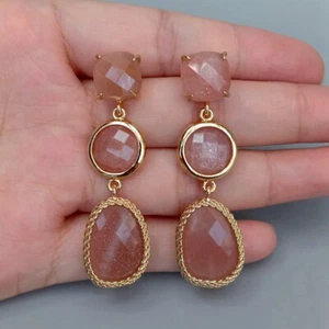 Natural Sunstone Drop Dangle Earrings Stud Earring Women Wedding Jewelry Gifts - Picture 1 of 6