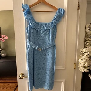 NEW LILLY PULITZER LIGHT BLUE CUT OUT LACE SLEEVELESS RUFFLE DRESS SIZE 8 - Picture 1 of 14
