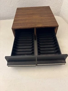 VINTAGE CASSETTE TAPE HOLDER 2 DRAWER STORAGE CASE WOOD GRAIN 24 TAPES - Picture 1 of 5