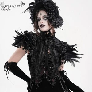 Eva Lady Women Black Vintage Gothic Tassels Feather Trim Short Cape Retro Coat - Picture 1 of 26