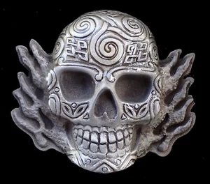 TRIBAL SKULL BELT BUCKLE WITH FLAMES AND BOTTLE OPENER HEAVY METAL PEWTER NEW - Picture 1 of 2