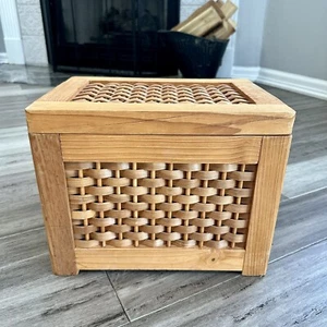 Vintage Woven Wooden Storage Chest Solid Basket Hinged Box Rustic Natural - Picture 1 of 11
