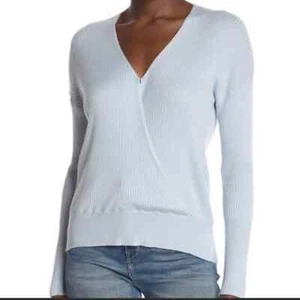 Elodie Women's Light Blue Ribb Knit Surplice Neck Long Sleeve Pullover Top sz XS - Picture 1 of 5
