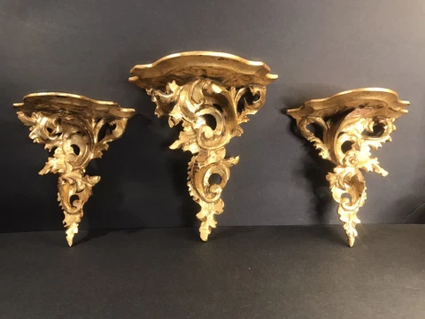 Antique wood wall shelves/hand carved/Gold gilded/Italy C1900/Rococo/3 Brackets Cover