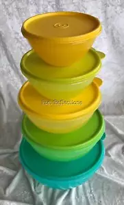 TUPPERWARE WONDERLIER SET OF 5 MIXING BOWLS EGG YELLOW TEAL PARROT GREEN LIME - Picture 1 of 3