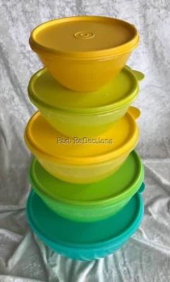 TUPPERWARE WONDERLIER SET OF 5 MIXING BOWLS EGG YELLOW TEAL PARROT GREEN LIME - Image 1 of 3