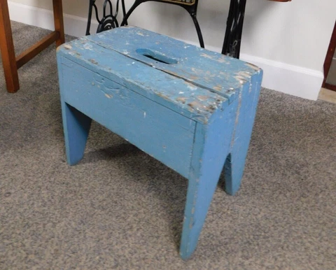 Primitive Blue Old Paint Wood Milking Stool w Handle Handmade Farmhouse Kitchen Cover