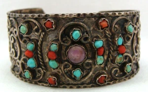 Brazalete pequeño Taxco México TS-39 plata esterlina turquesa coral amatista - Imagen 1 de 9