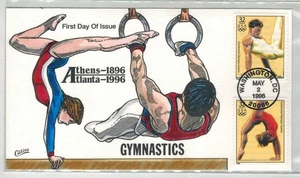 1996 COLLINS HANDPAINTED ATLANTA OLYMPICS GYMNASTICS COMBO 2 STAMPS - Picture 1 of 1