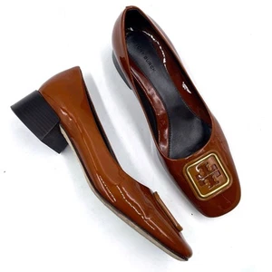 Tory Burch Georgia Patent Pumps Brown Square Logo Slip On Block Heel Sz 7.5 - Picture 1 of 9