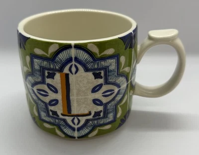 Anthropologie "L" Mezze Monogram Mug 16 Oz Blue Green White Ceramic Coffee Cup - Изображение 1 из 4