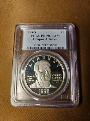 1998-S Black Patriot Crispus Attucks Silver Commemorative Dollar PR69DCAM PCGS - Image 1 of 4