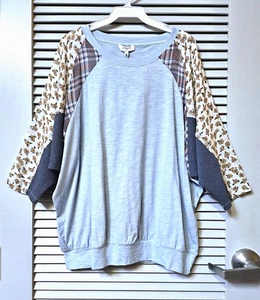 3/4 lt blue floral plaid color block dolman top XL - Picture 1 of 3