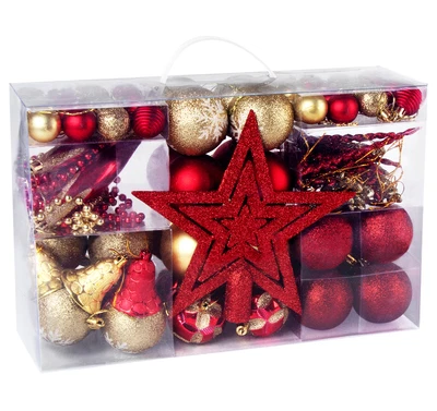 100tlg Weihnachtskugeln Kunststoff mit Stern Baumspitze Rot & Gold Baumkugeln - Bild 1 von 4