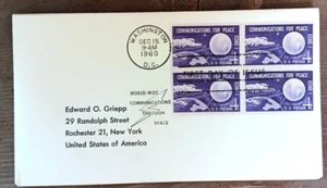 SPACE ECHO COMMUNICATIONS SATELLITE FOR PEACE 1960 STAMP BLOCK NO CACHET FDC - Picture 1 of 1