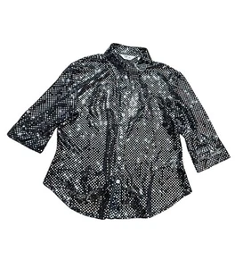 Vintage Disco Shirt | 90s Sparkle | Silver Party Top | UK 14 | Retro Button Up - Picture 1 of 4