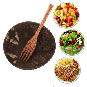 1 Set Kokosnussschale Schale Holz Obst Salatschüssel mit Gabel Vorratsschüssel mit Gabel - Bild 1 von 12