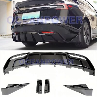Se adapta a 2024-2026 Tesla Modelo 3 parachoques trasero difusor de labios + extensión 5 piezas negro brillante Foto 1 de 4