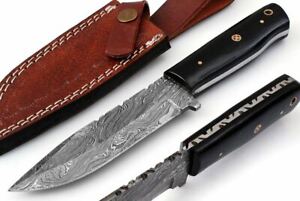 CUSTOM HAND FORGED DAMASCUS Skinner EDC Hunting Knife Buffalo Horn Handle 