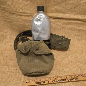 Vintage Army Web Belt Kahki Canteen Cover Japan Stamped metal Canteen - Picture 1 of 18